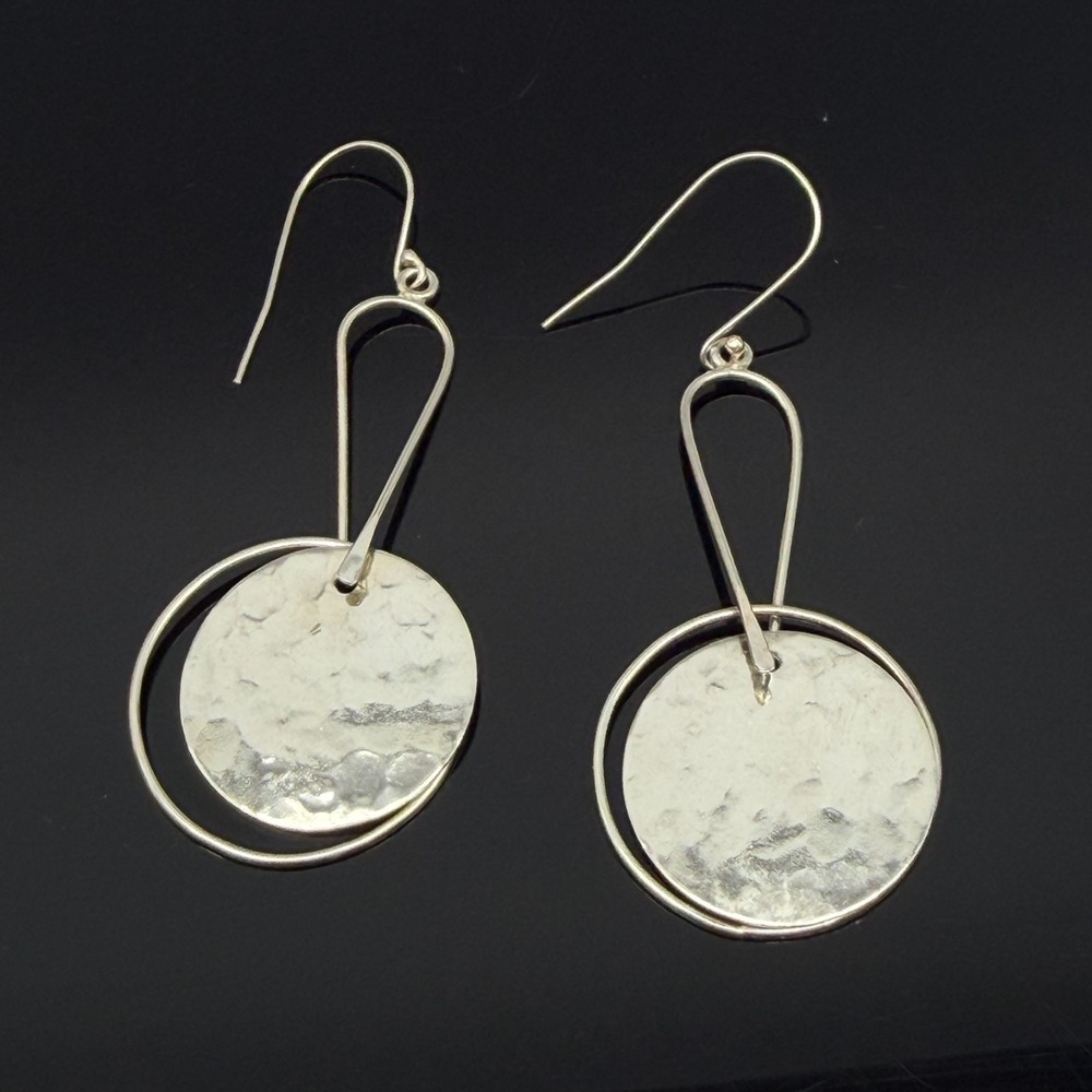 AV Mexico 925 Sterling Silver Hammered Disc Modernist Long Dangle Earrings 2.5"
